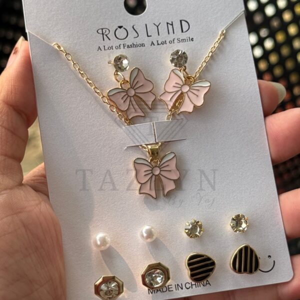 Pink Bow Stone Neckpiece & Earring Set