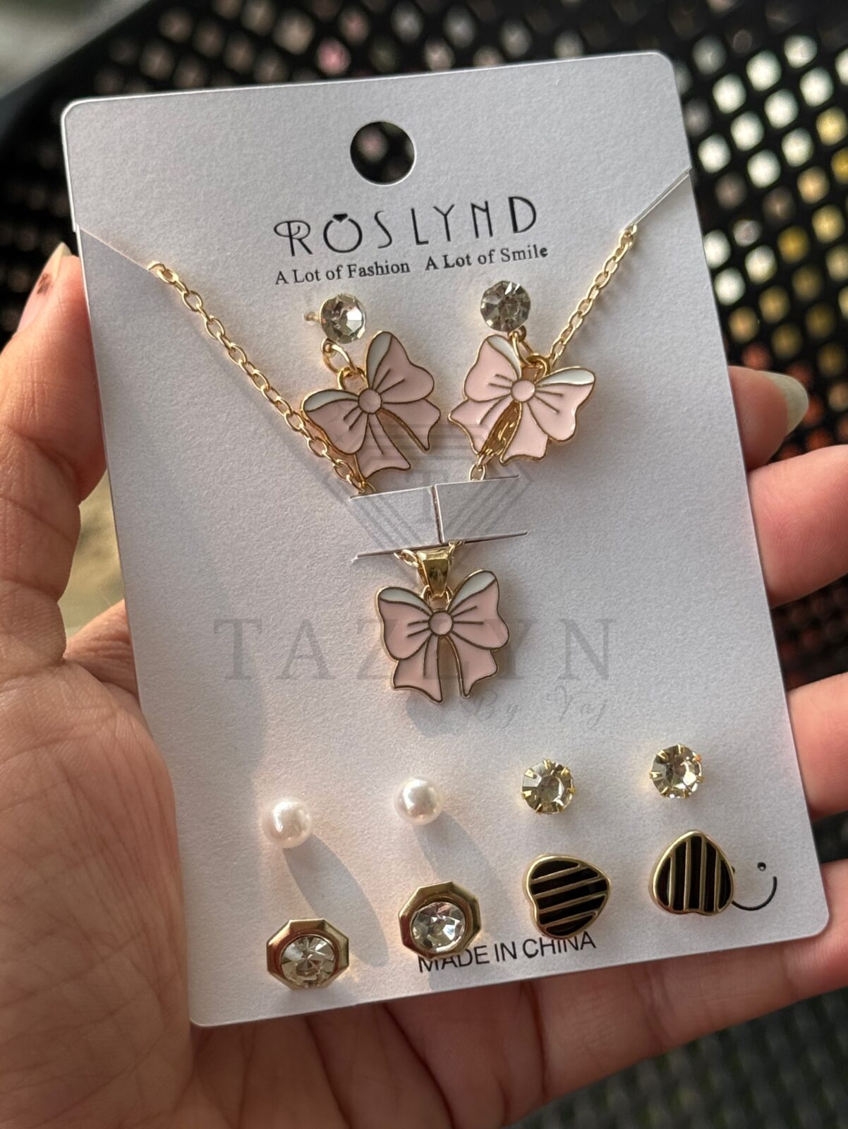 Pink Bow Stone Neckpiece & Earring Set