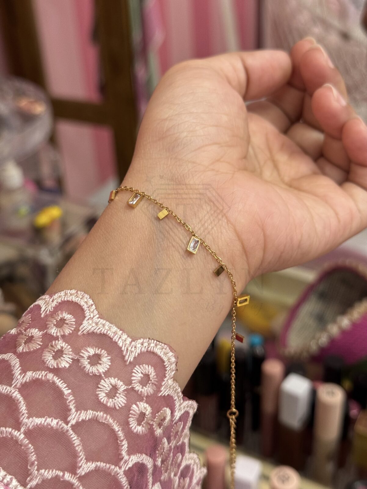Rectangular Stone Charm Chain Bracelet