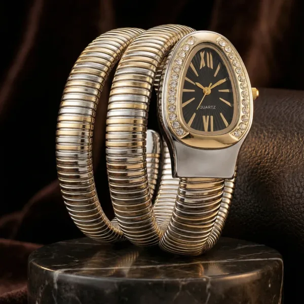 Snake Coil Wrap Dual Tone Watch (Black Dial)