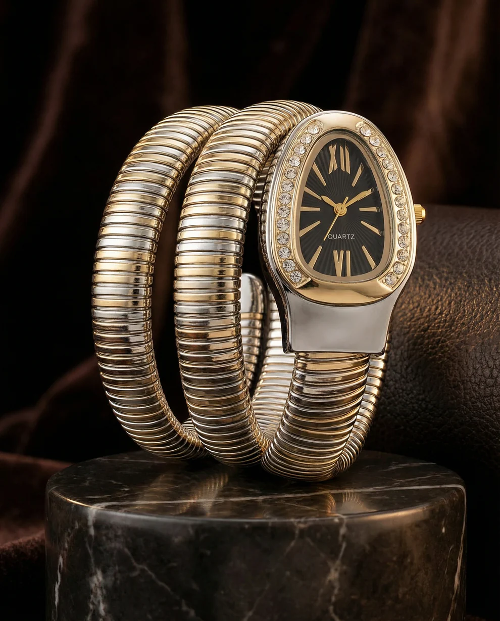 Snake Coil Wrap Dual Tone Watch (Black Dial)